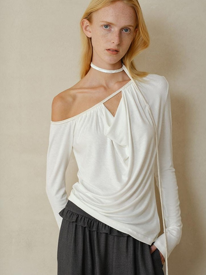someonesometimes Soft Velvet Lyocell Slim Casual Asymmetrical Shoulder Women Long Sleeve T-Shirts