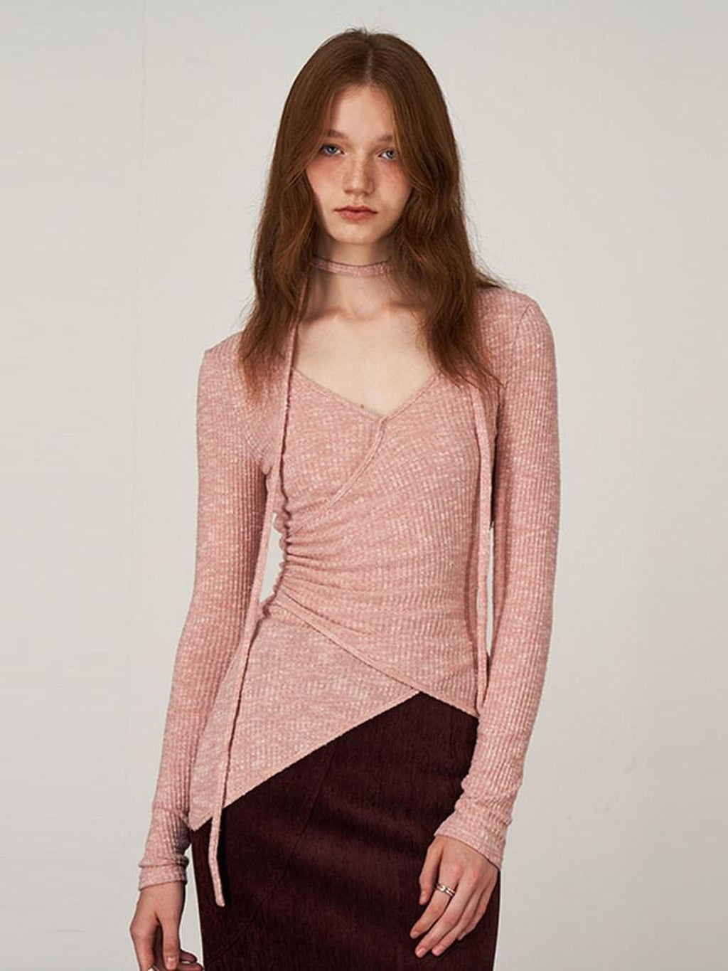 someonesometimes Soft Viscose V-neck Commuter Women Three Quarter Sleeve Clay Pink Sweaters