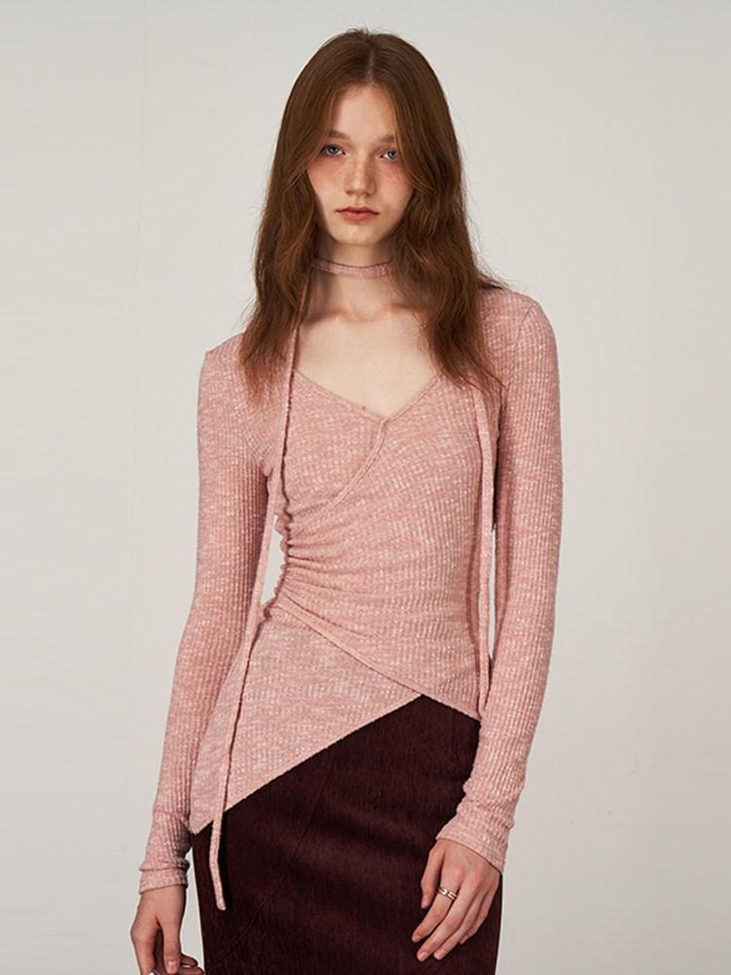 someonesometimes Soft Viscose V-neck Commuter Women Three Quarter Sleeve Clay Pink Sweaters