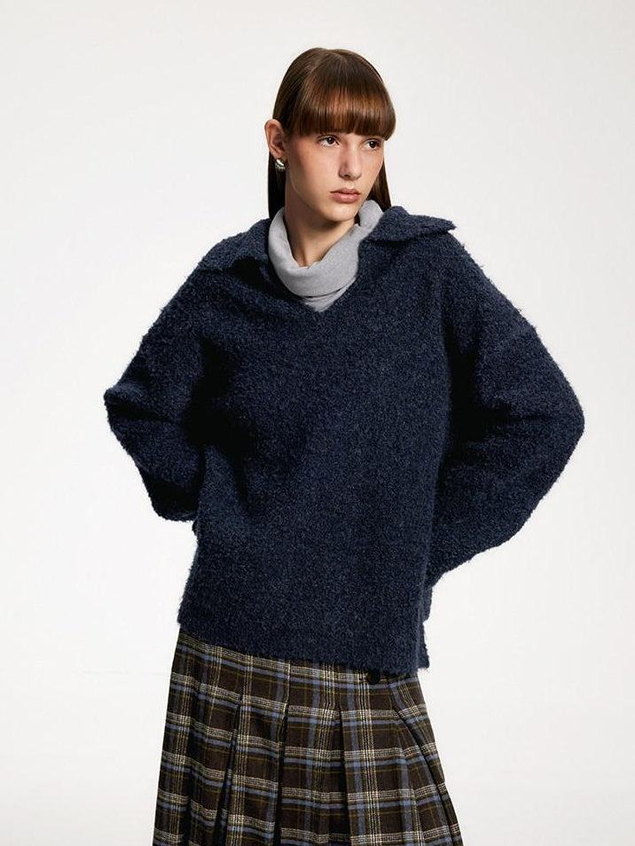 someonesometimes Soft Wool Blend Polo Collar Pullover Commuter Fit Royal Blue Sweaters