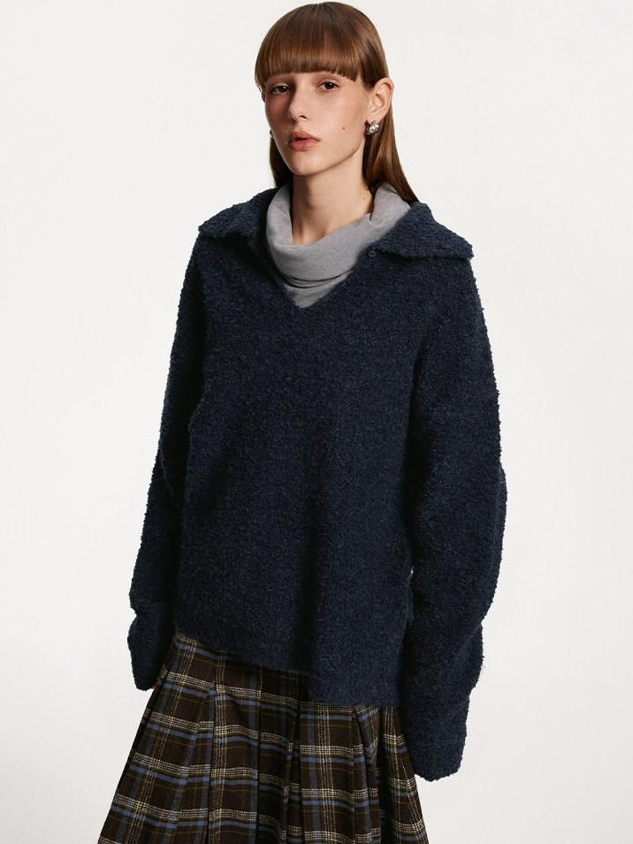 someonesometimes Soft Wool Blend Polo Collar Pullover Commuter Fit Royal Blue Sweaters