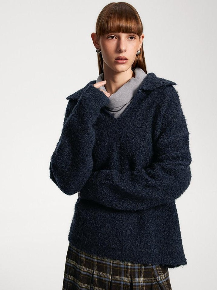 someonesometimes Soft Wool Blend Polo Collar Pullover Commuter Fit Royal Blue Sweaters