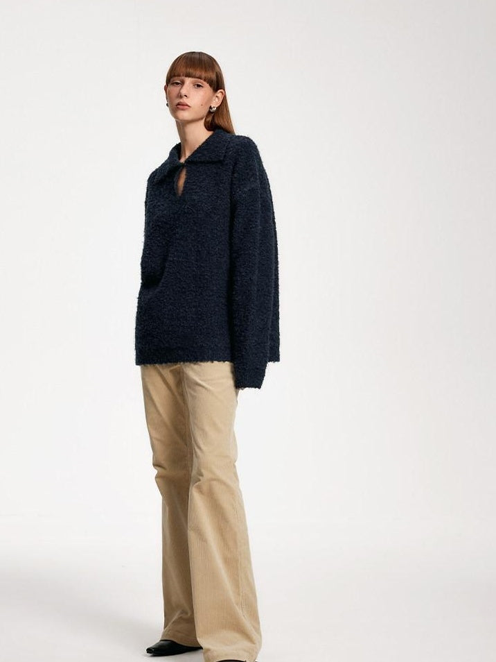 someonesometimes Soft Wool Blend Polo Collar Pullover Commuter Fit Royal Blue Sweaters