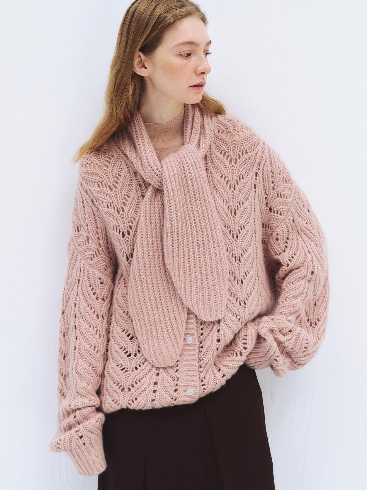 someonesometimes Soft Wool Blend Relaxed Tie Pullover Women Button Long Sleeve Blush Cardigans