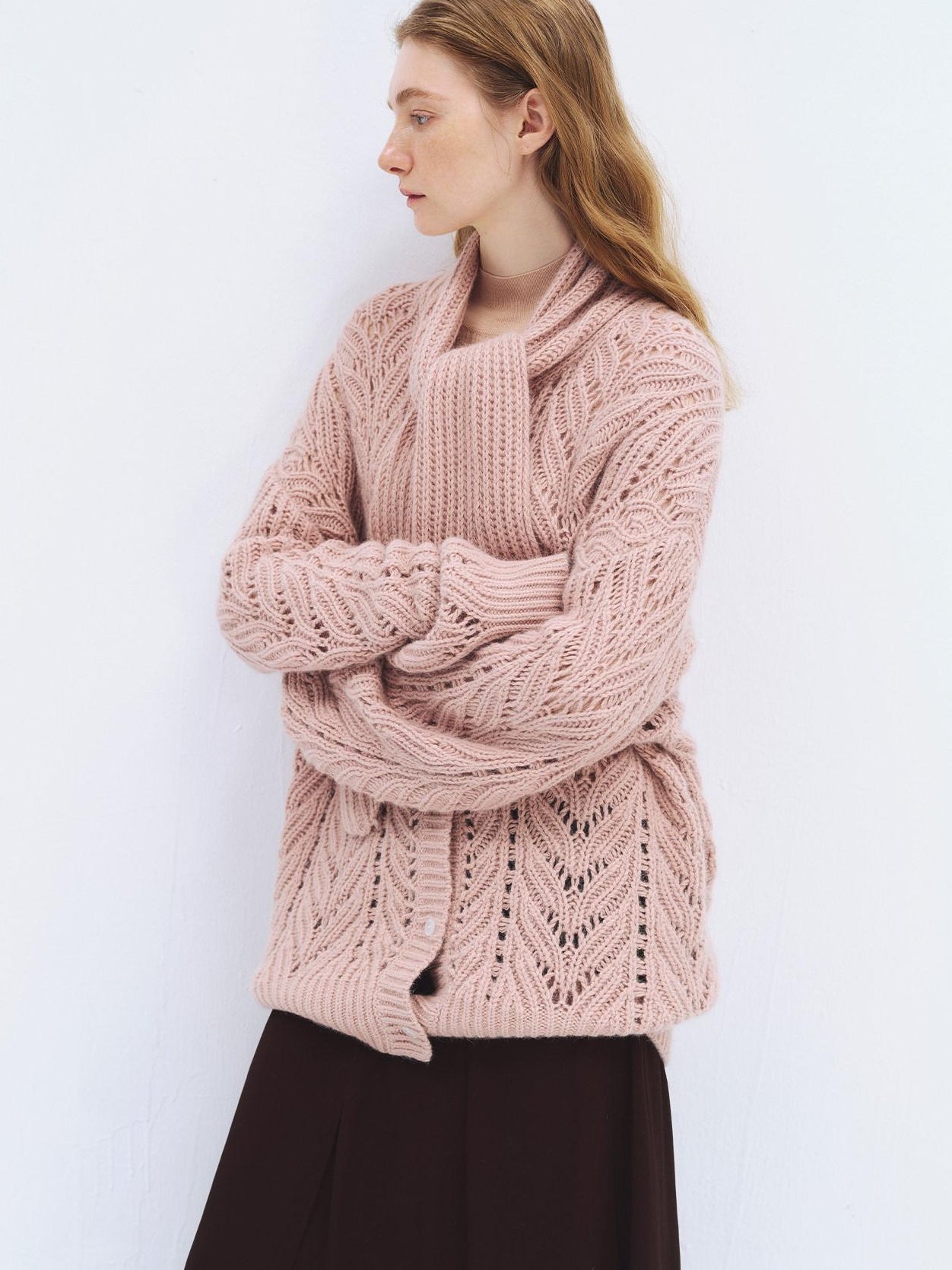 someonesometimes Soft Wool Blend Relaxed Tie Pullover Women Button Long Sleeve Blush Cardigans
