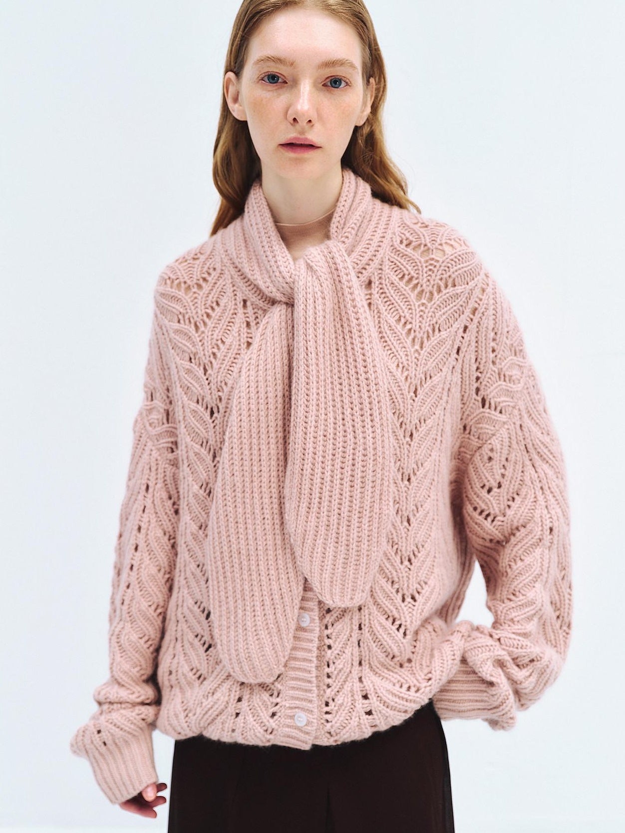someonesometimes Soft Wool Blend Relaxed Tie Pullover Women Button Long Sleeve Blush Cardigans
