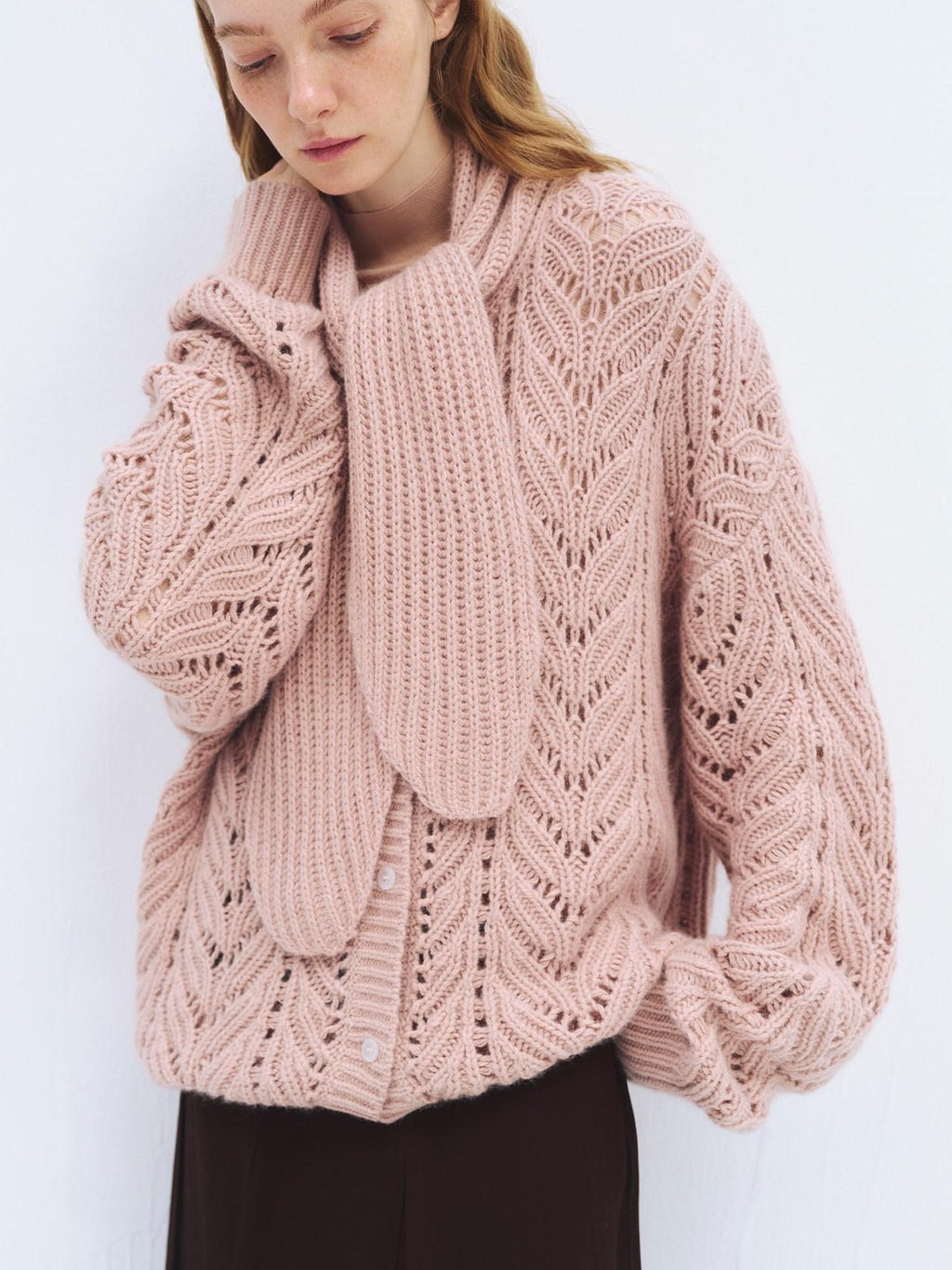 someonesometimes Soft Wool Blend Relaxed Tie Pullover Women Button Long Sleeve Blush Cardigans