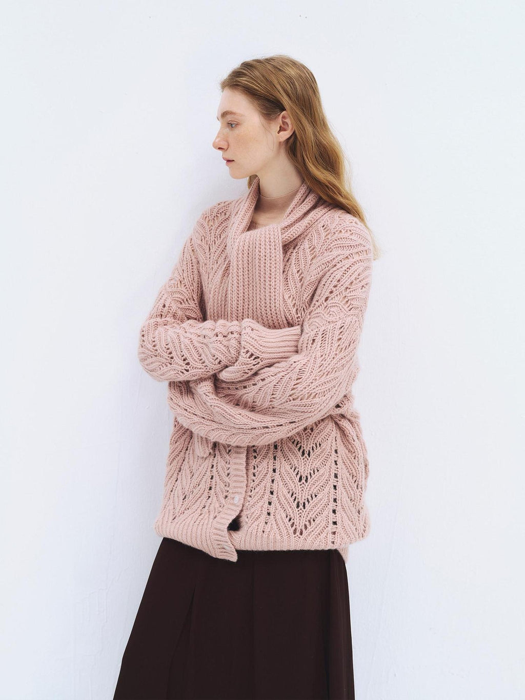 someonesometimes Soft Wool Blend Relaxed Tie Pullover Women Button Long Sleeve Blush Cardigans