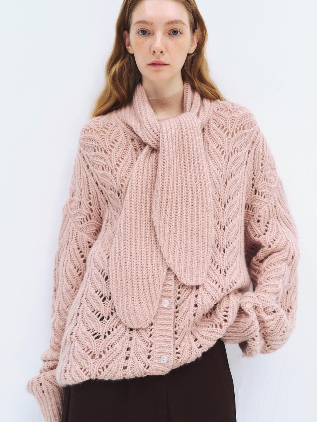 someonesometimes Soft Wool Blend Relaxed Tie Pullover Women Button Long Sleeve Blush Cardigans