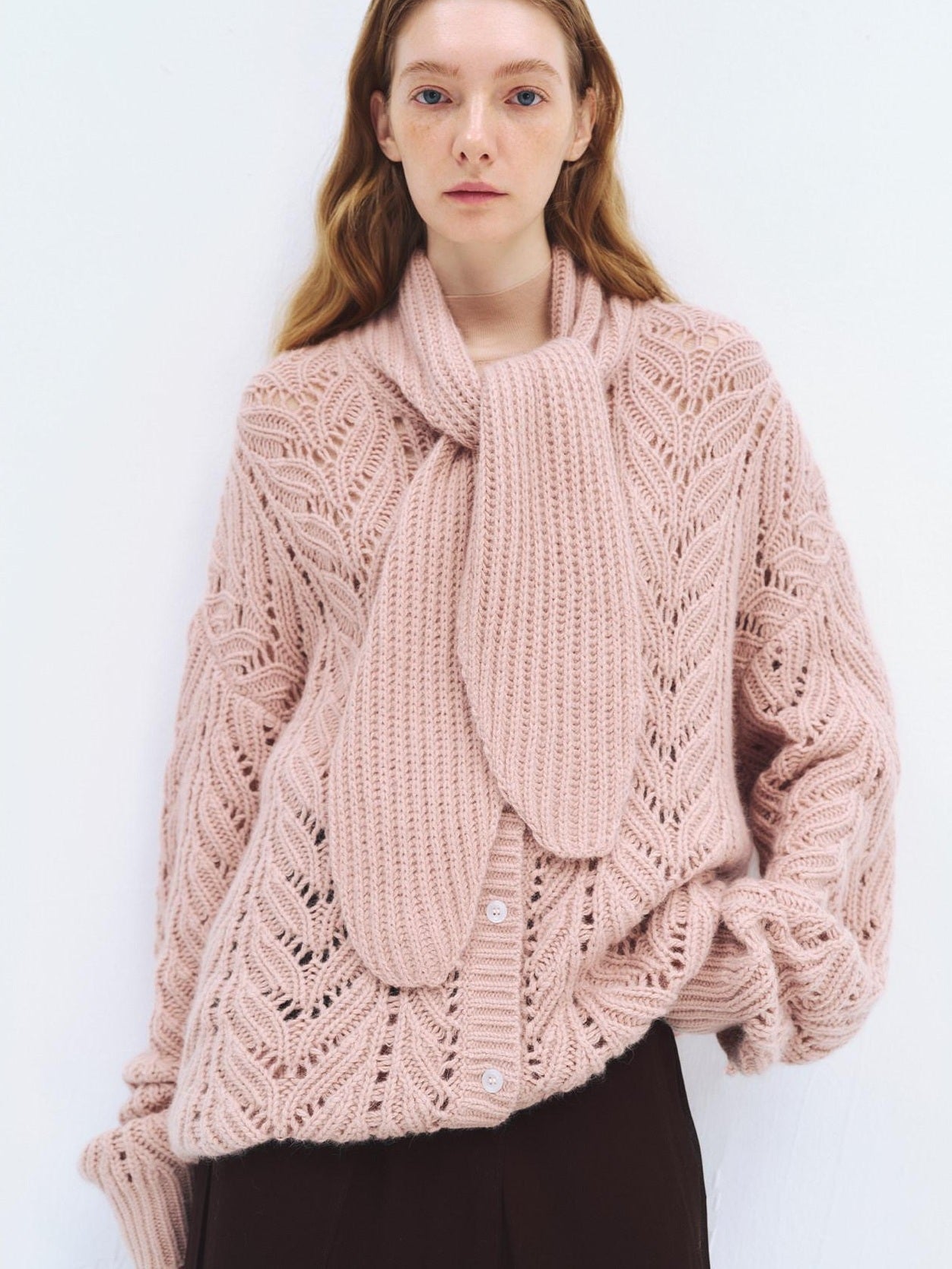 someonesometimes Soft Wool Blend Relaxed Tie Pullover Women Button Long Sleeve Blush Cardigans