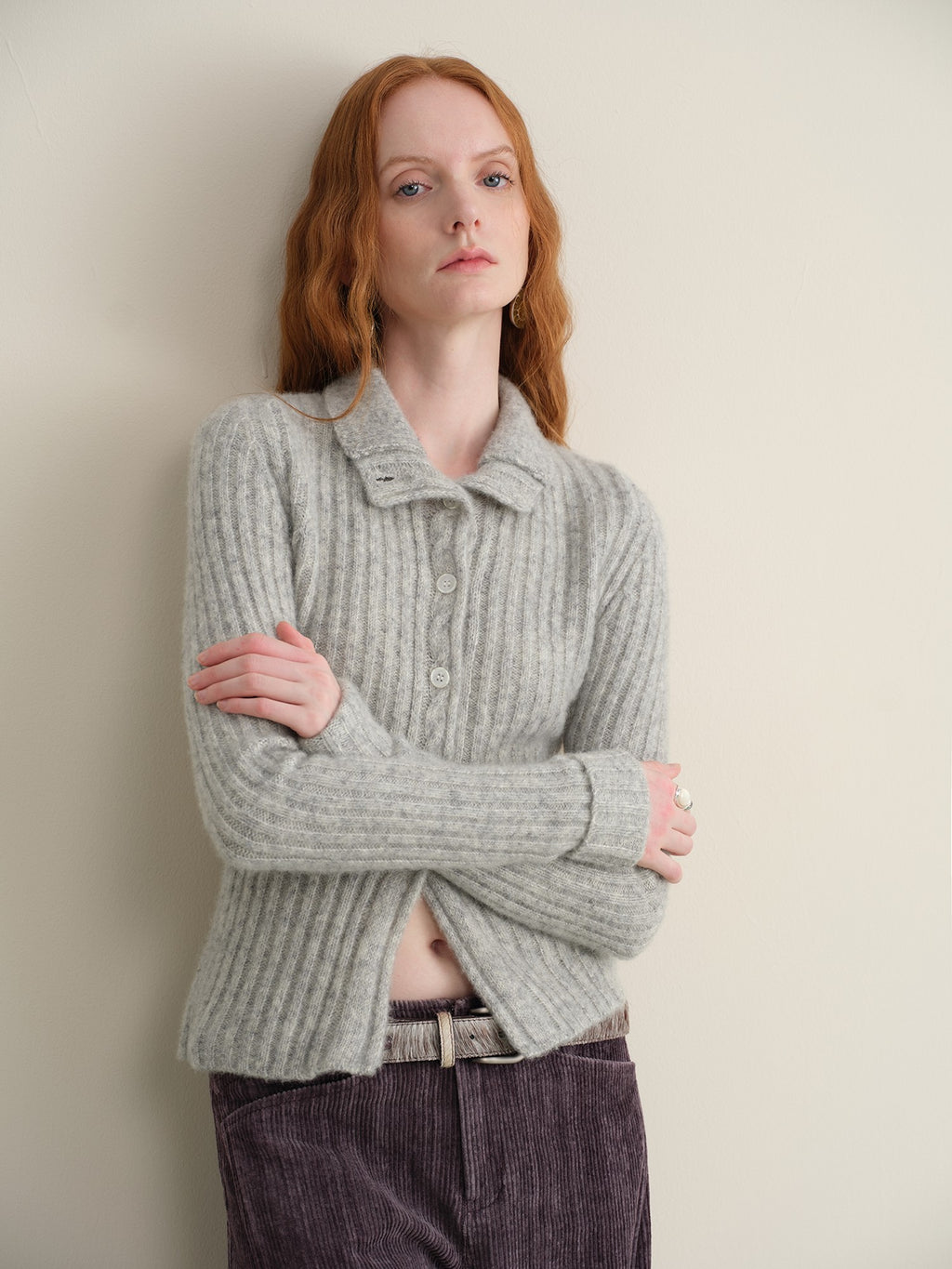 someonesometimes Soft Wool Cotton Blend Slim Fit Side Slit Cropped Button Crewneck Womens Cardigans
