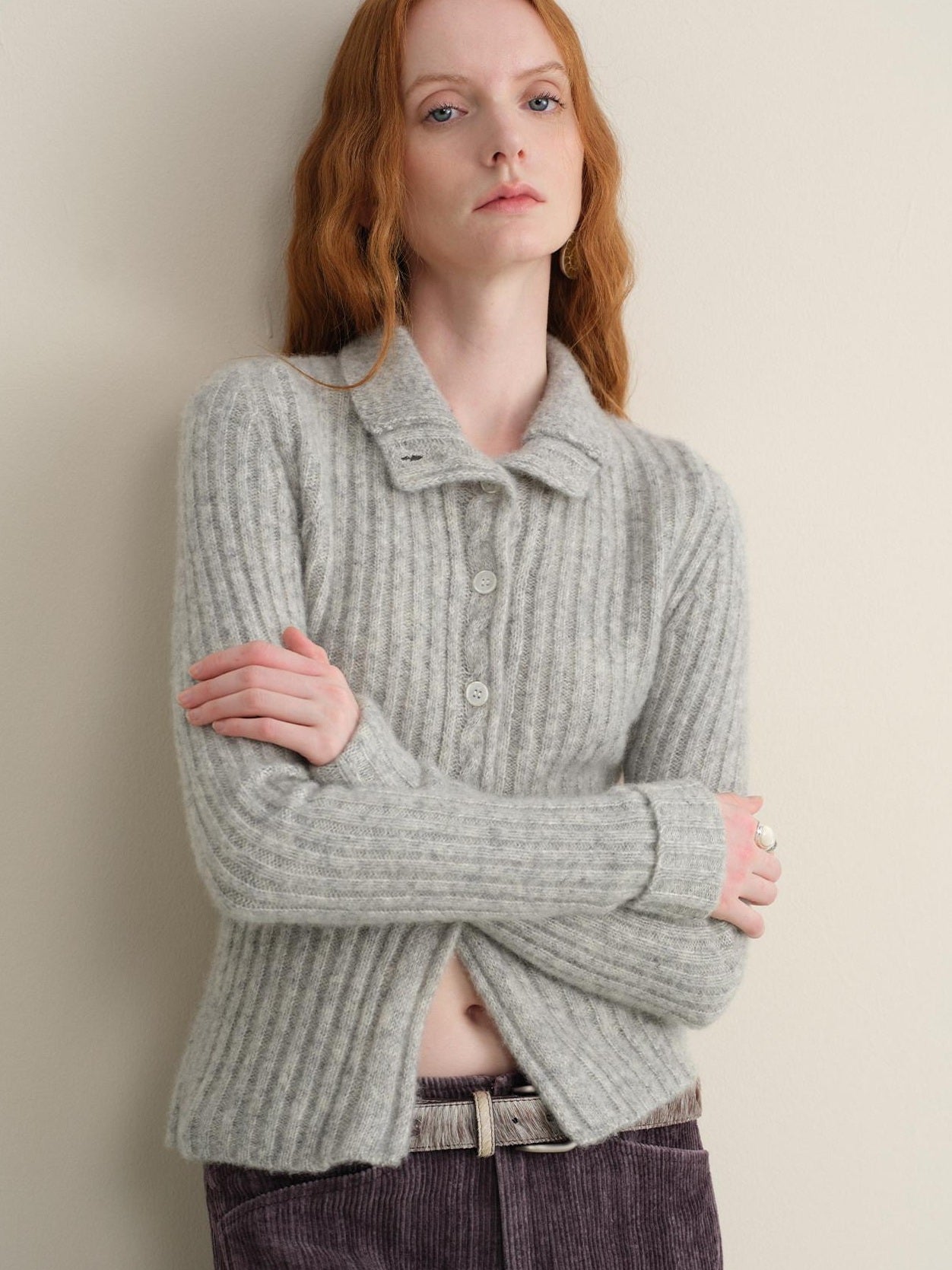 someonesometimes Soft Wool Cotton Blend Slim Fit Side Slit Cropped Button Crewneck Womens Cardigans