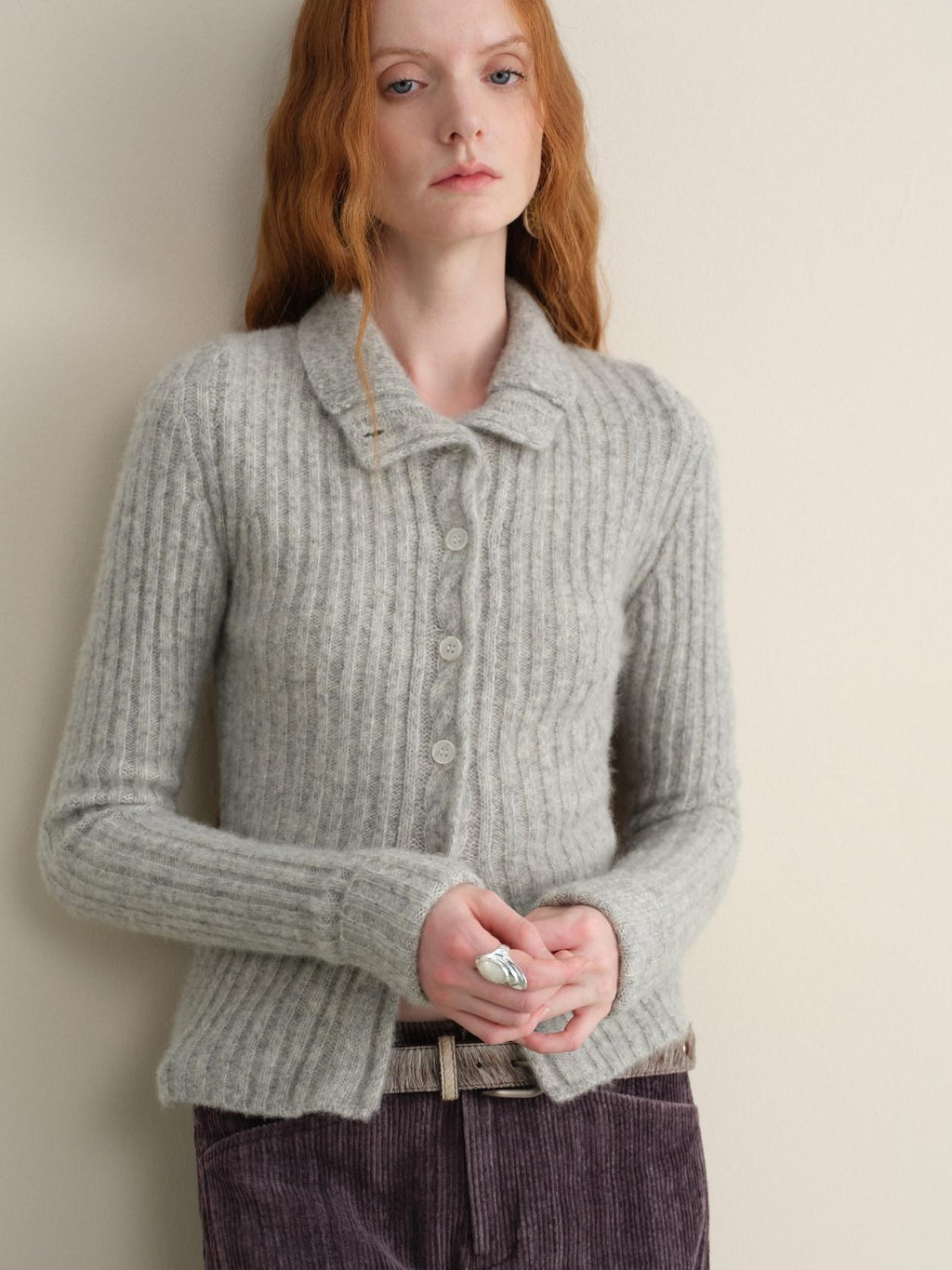 someonesometimes Soft Wool Cotton Blend Slim Fit Side Slit Cropped Button Crewneck Womens Cardigans