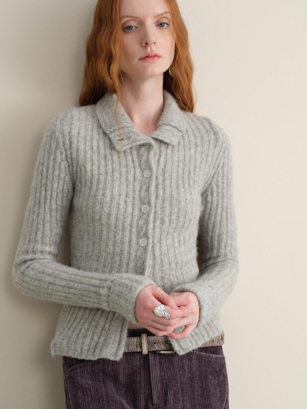 someonesometimes Soft Wool Cotton Blend Slim Fit Side Slit Cropped Button Crewneck Womens Cardigans