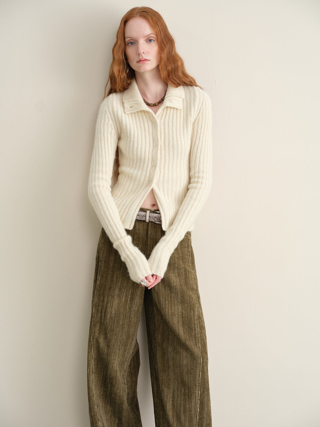 someonesometimes Soft Wool Cotton Blend Slim Fit Side Slit Cropped Button Crewneck Womens Cardigans