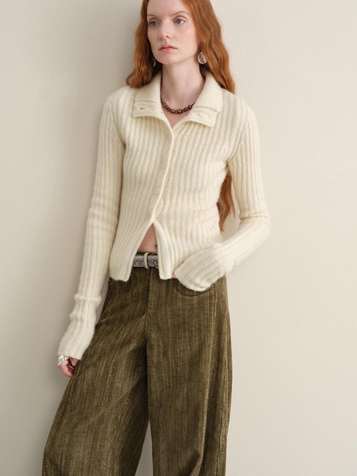 someonesometimes Soft Wool Cotton Blend Slim Fit Side Slit Cropped Button Crewneck Womens Cardigans