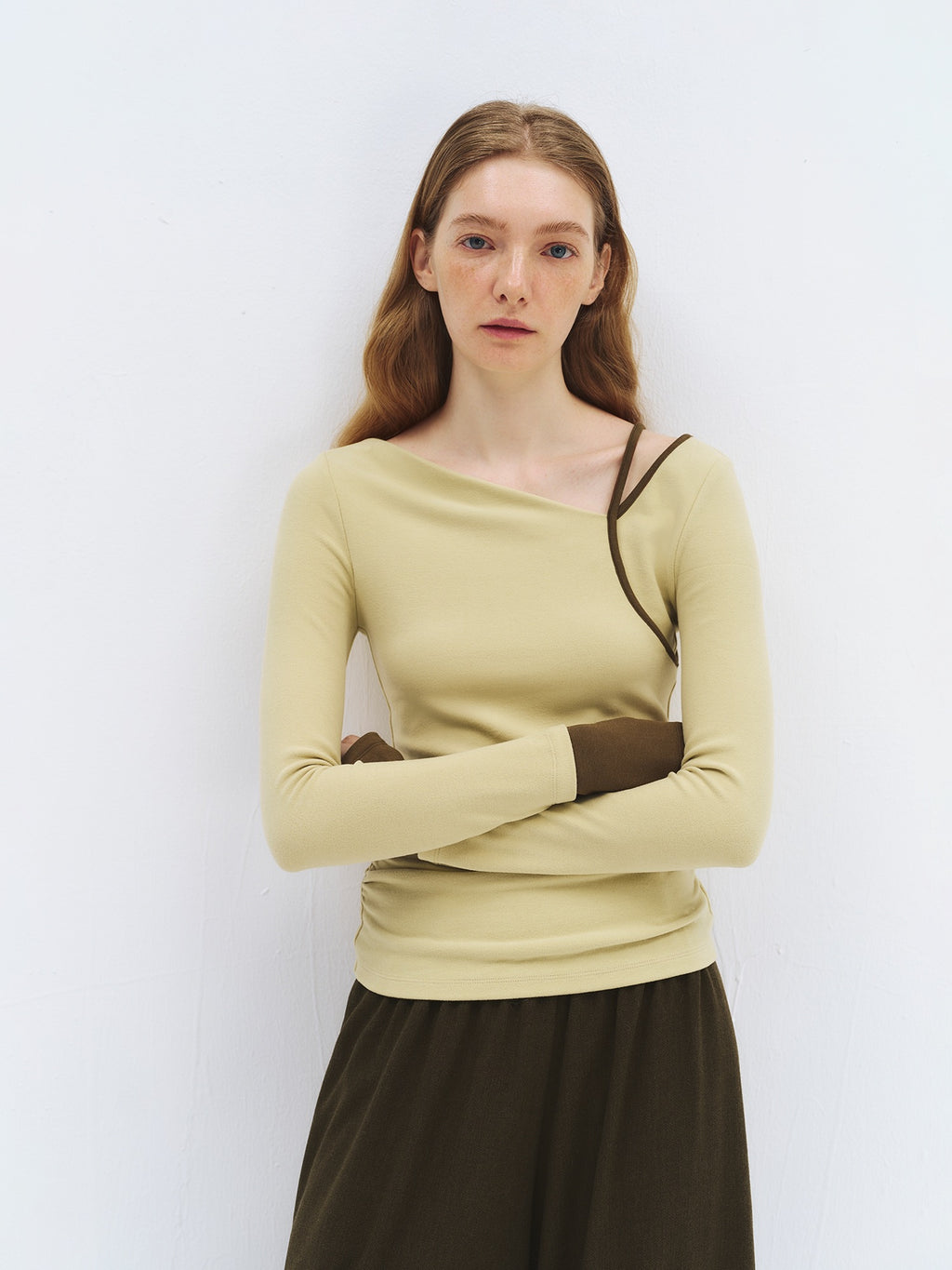 someonesometimes Stretch Casual Slim Asymmetric Neck Women Lemongrass Yellow Long Sleeve T-Shirts
