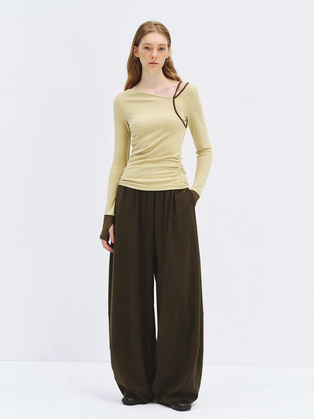 someonesometimes Stretch Casual Slim Asymmetric Neck Women Lemongrass Yellow Long Sleeve T-Shirts