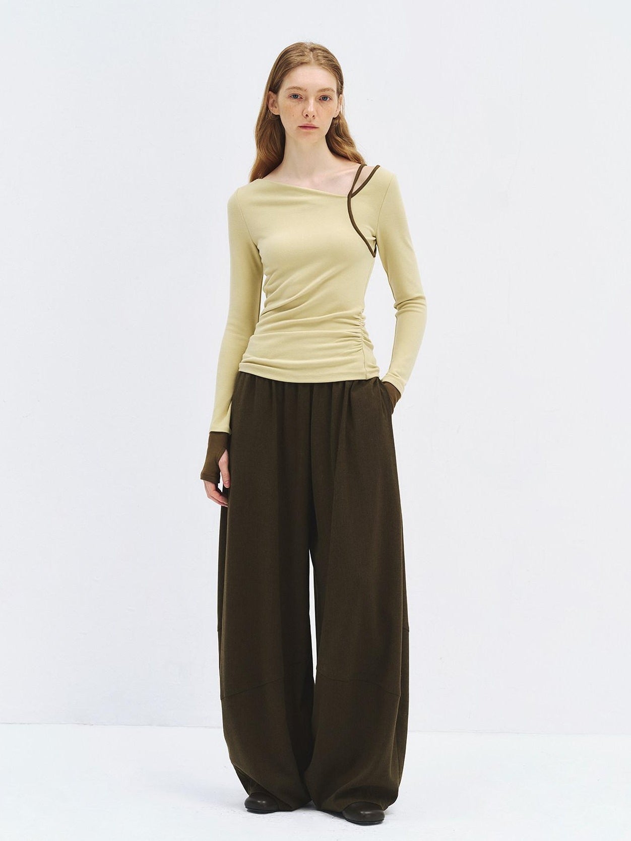 someonesometimes Stretch Casual Slim Asymmetric Neck Women Lemongrass Yellow Long Sleeve T-Shirts