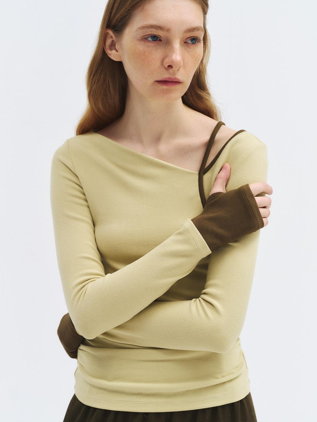 someonesometimes Stretch Casual Slim Asymmetric Neck Women Lemongrass Yellow Long Sleeve T-Shirts