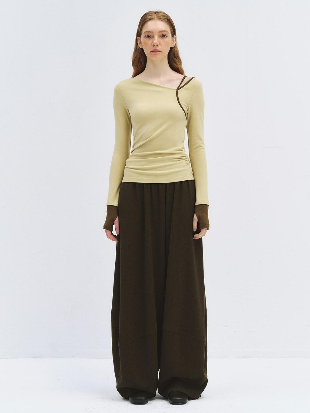 someonesometimes Stretch Casual Slim Asymmetric Neck Women Lemongrass Yellow Long Sleeve T-Shirts