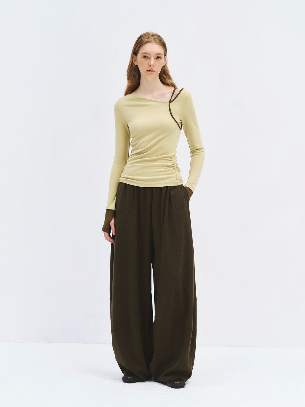 someonesometimes Stretch Casual Slim Asymmetric Neck Women Lemongrass Yellow Long Sleeve T-Shirts