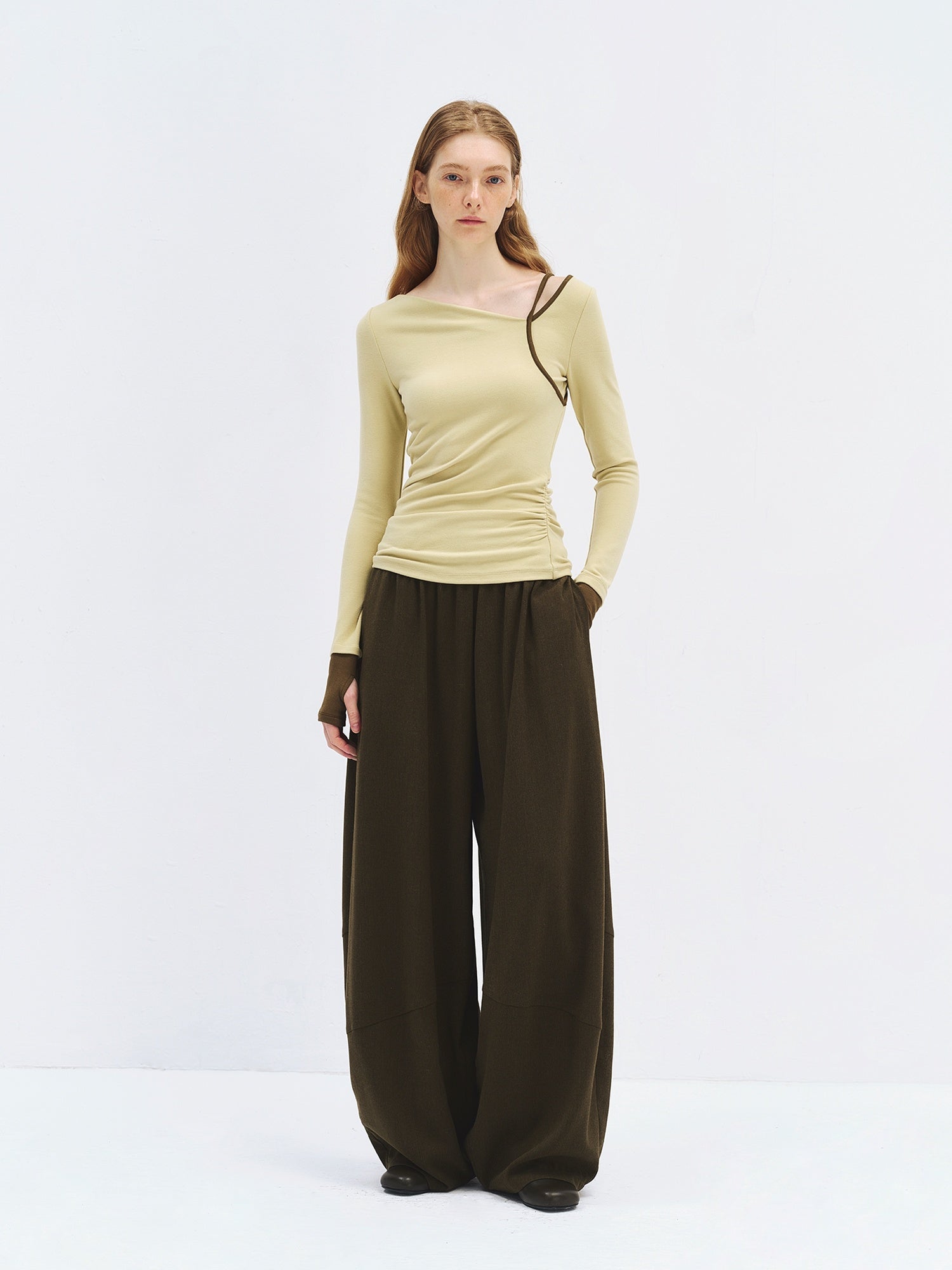 someonesometimes Stretch Casual Slim Asymmetric Neck Women Lemongrass Yellow Long Sleeve T-Shirts