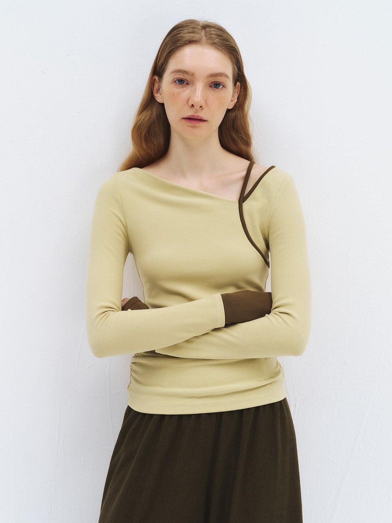 someonesometimes Stretch Casual Slim Asymmetric Neck Women Lemongrass Yellow Long Sleeve T-Shirts