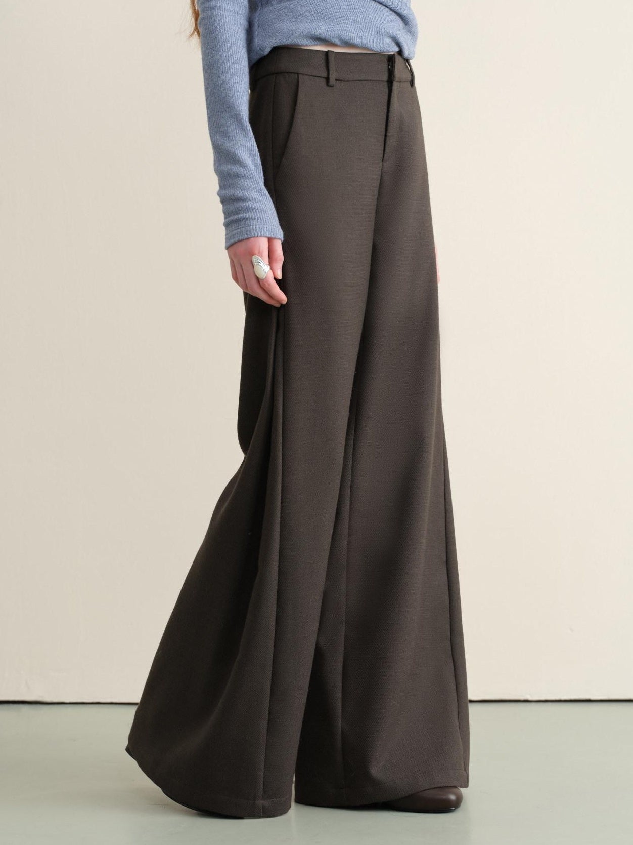 someonesometimes Stretch Knit Olive Gray Micro Flare Casual High Waist Women Flared Pants