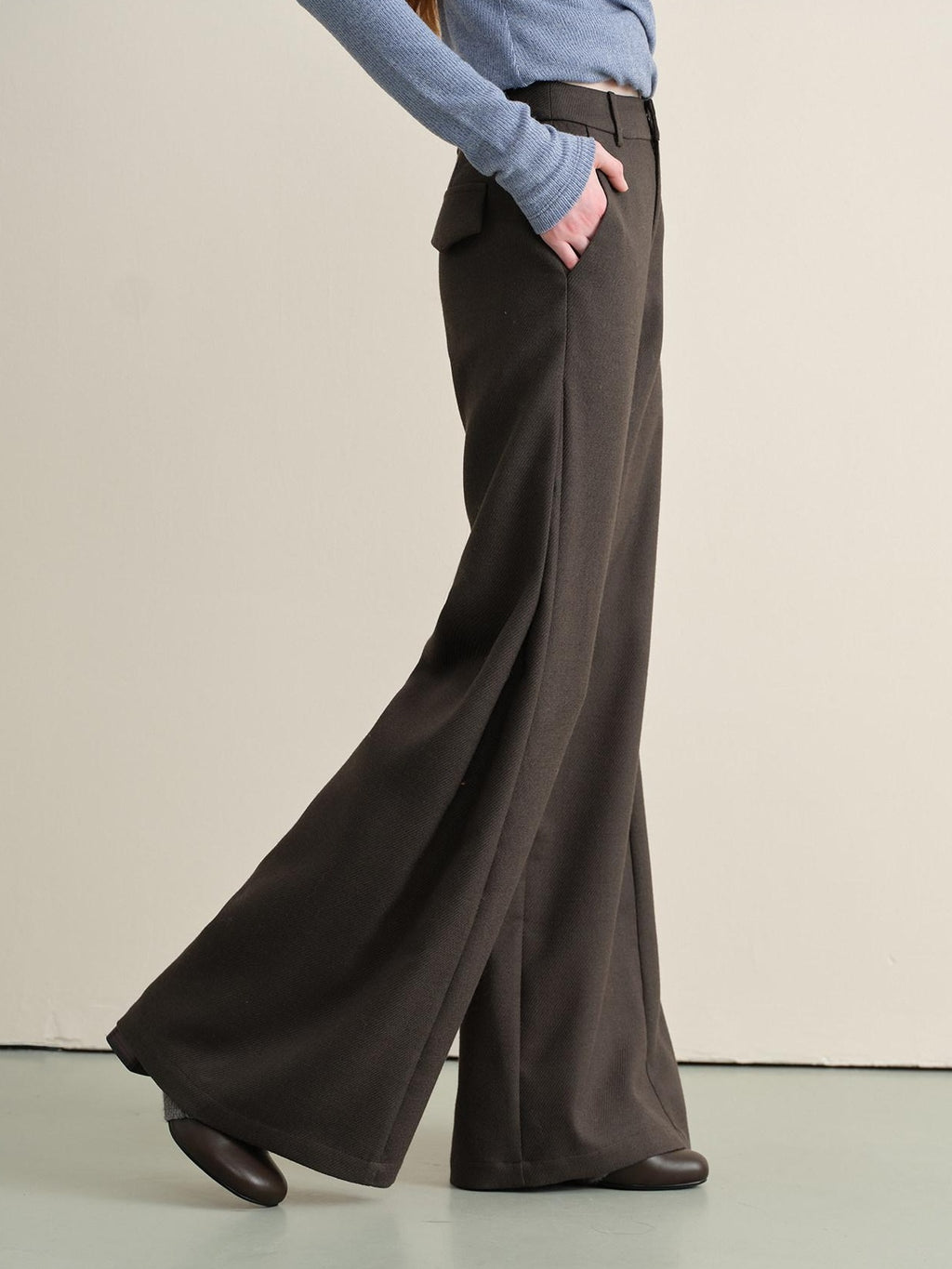 someonesometimes Stretch Knit Olive Gray Micro Flare Casual High Waist Women Flared Pants