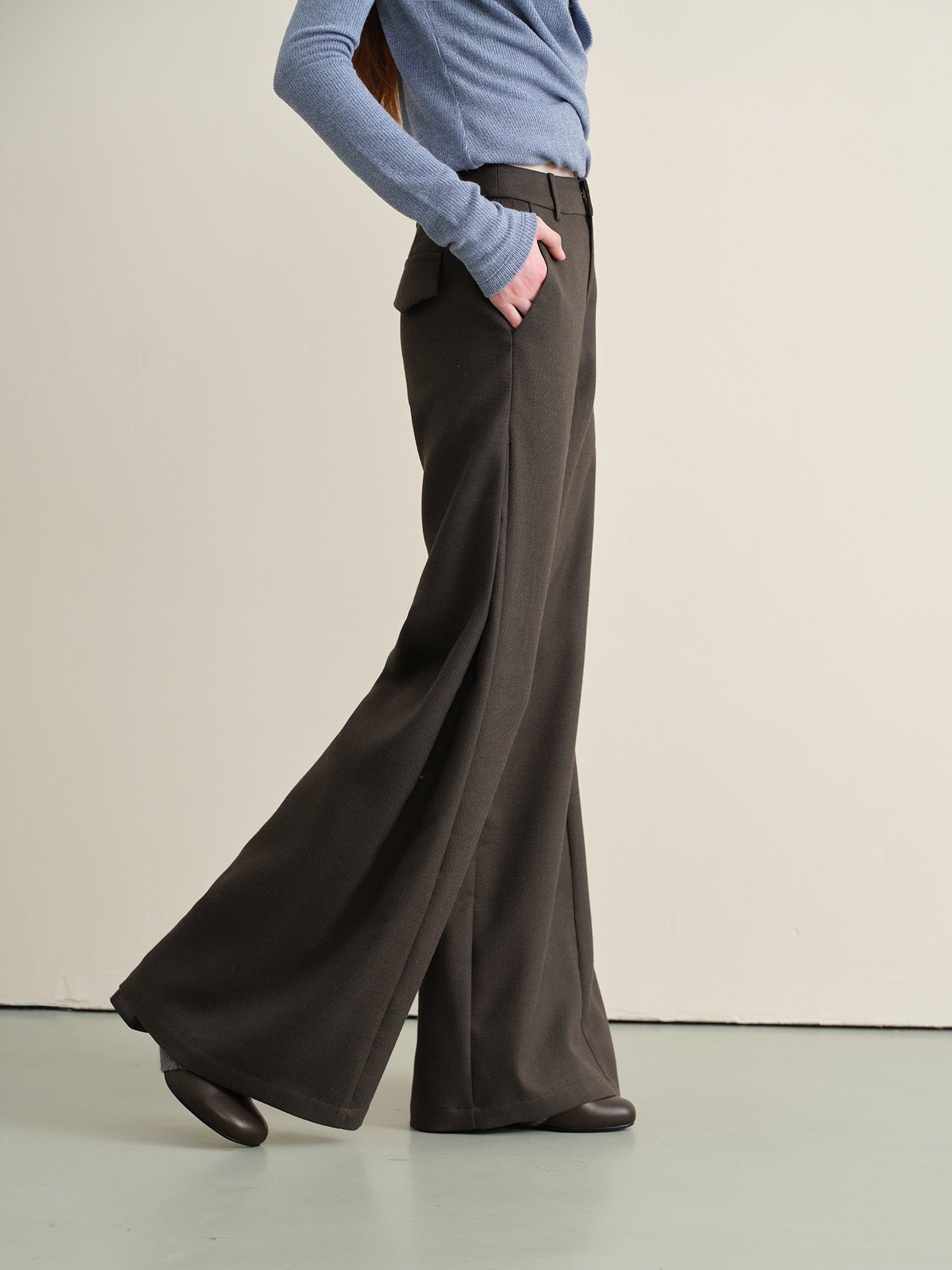 someonesometimes Stretch Knit Olive Gray Micro Flare Casual High Waist Women Flared Pants
