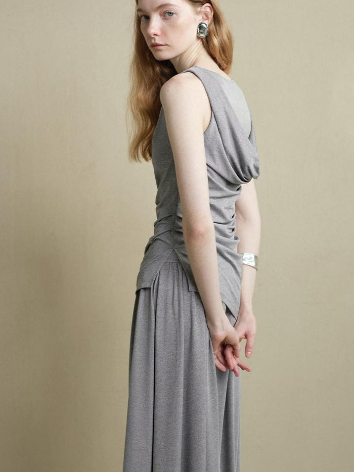 someonesometimes Stretch Nylon Patchwork Slim Fit Office Chic Light Heather Gray Top & Skirt Sets
