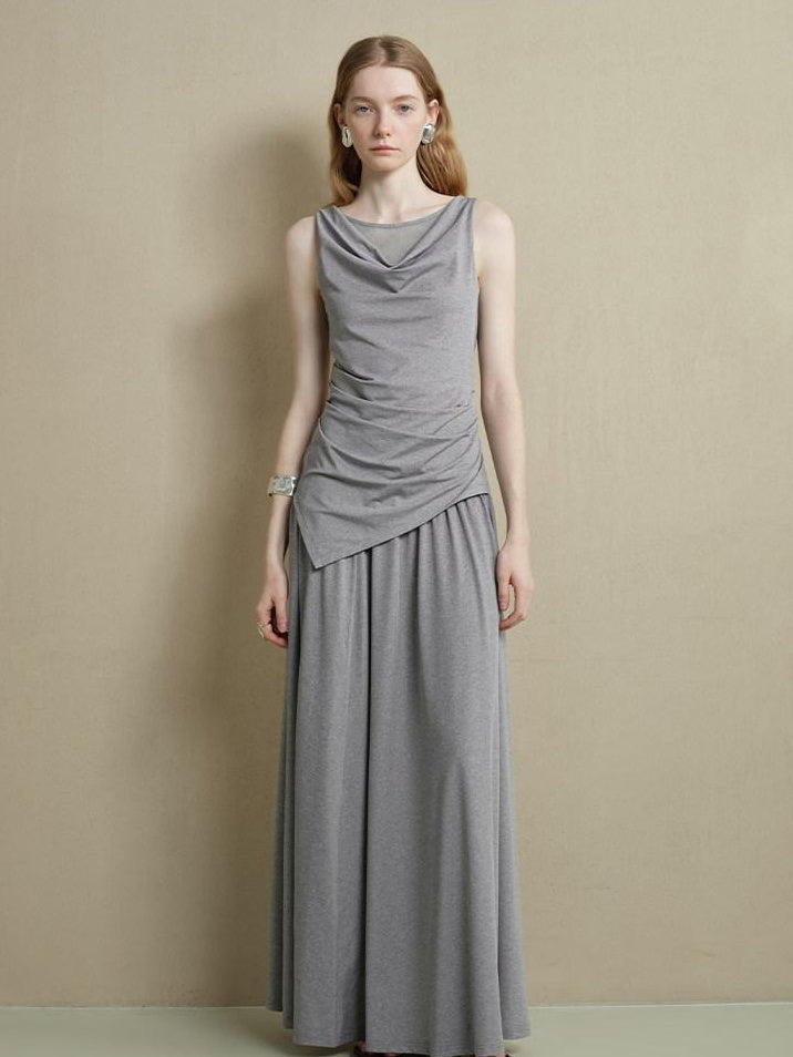 someonesometimes Stretch Nylon Patchwork Slim Fit Office Chic Light Heather Gray Top & Skirt Sets