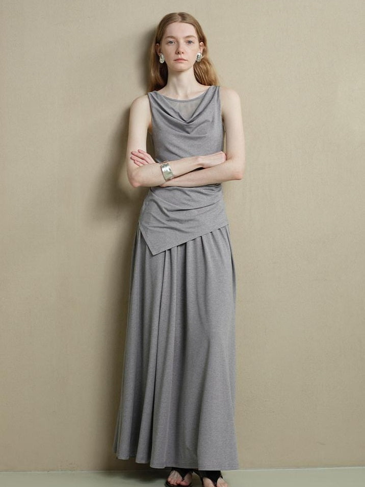 someonesometimes Stretch Nylon Patchwork Slim Fit Office Chic Light Heather Gray Top & Skirt Sets