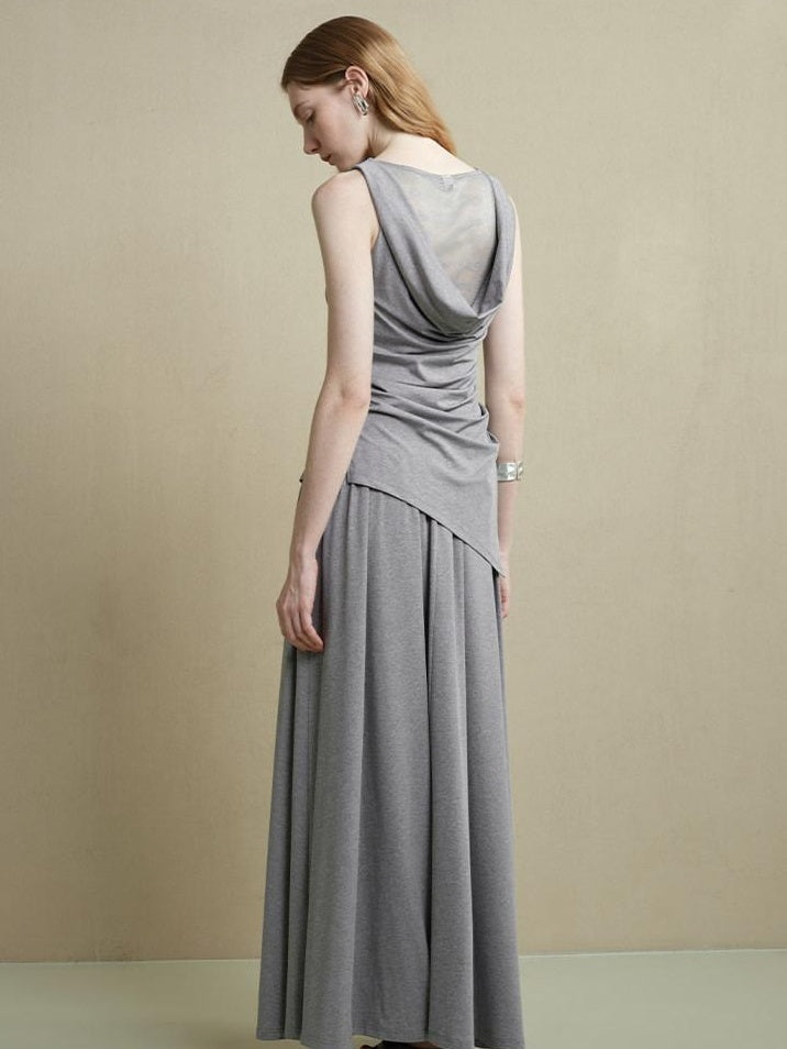 someonesometimes Stretch Nylon Patchwork Slim Fit Office Chic Light Heather Gray Top & Skirt Sets
