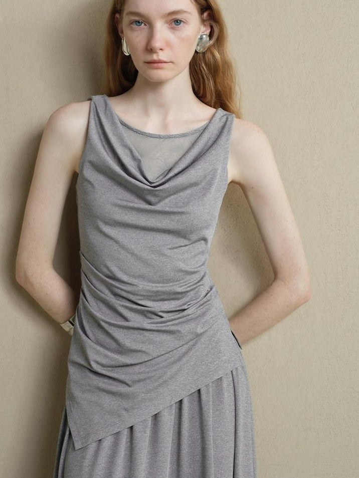 someonesometimes Stretch Nylon Patchwork Slim Fit Office Chic Light Heather Gray Top & Skirt Sets