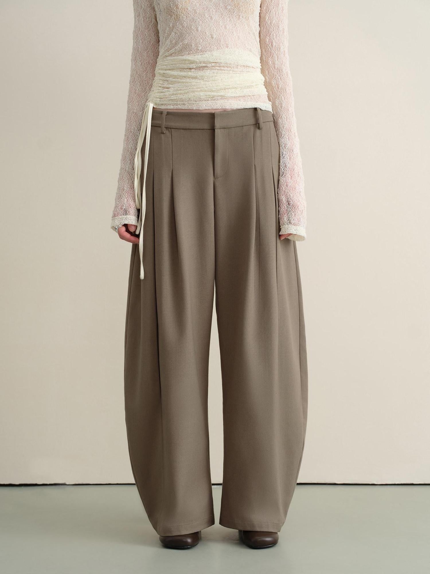 someonesometimes Stretch Pleated Casual Natural Waist Women Olive Green Zip Fly Wide Leg Pants