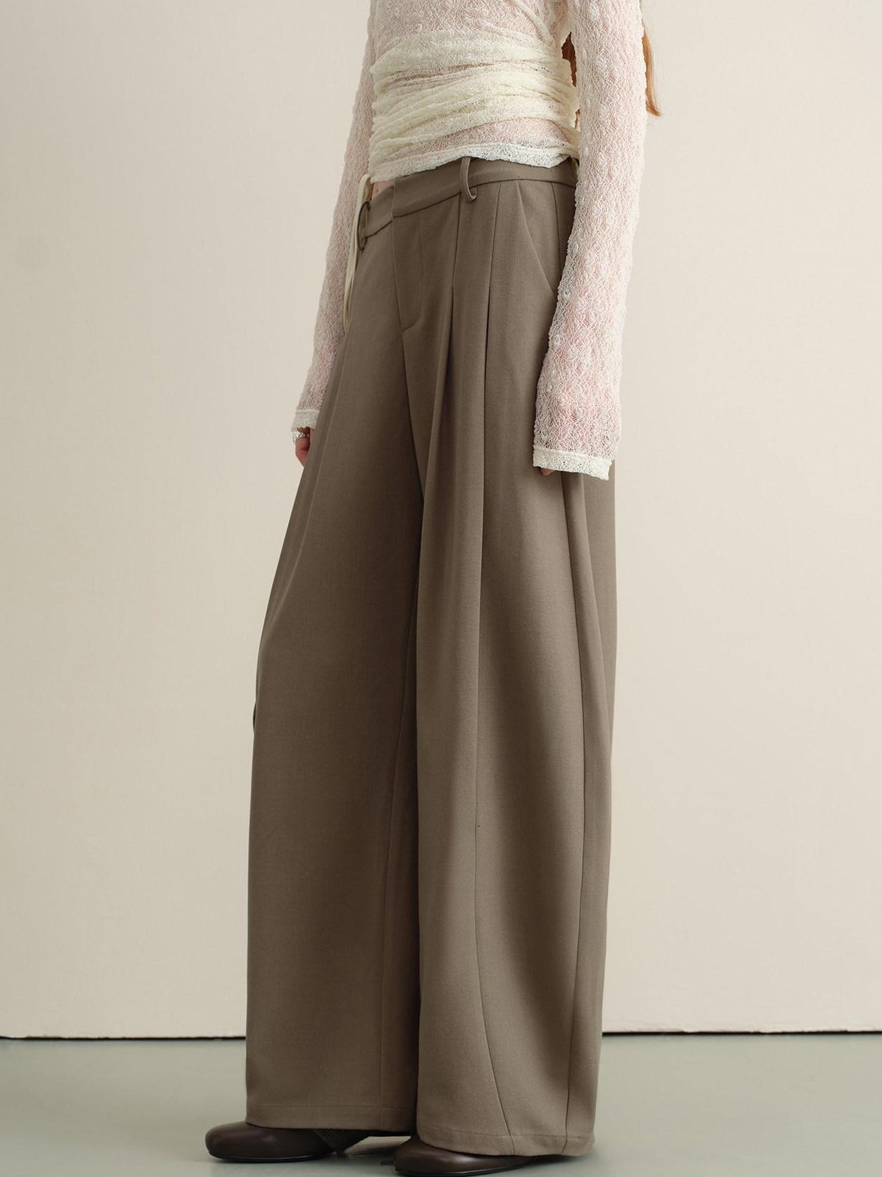someonesometimes Stretch Pleated Casual Natural Waist Women Olive Green Zip Fly Wide Leg Pants