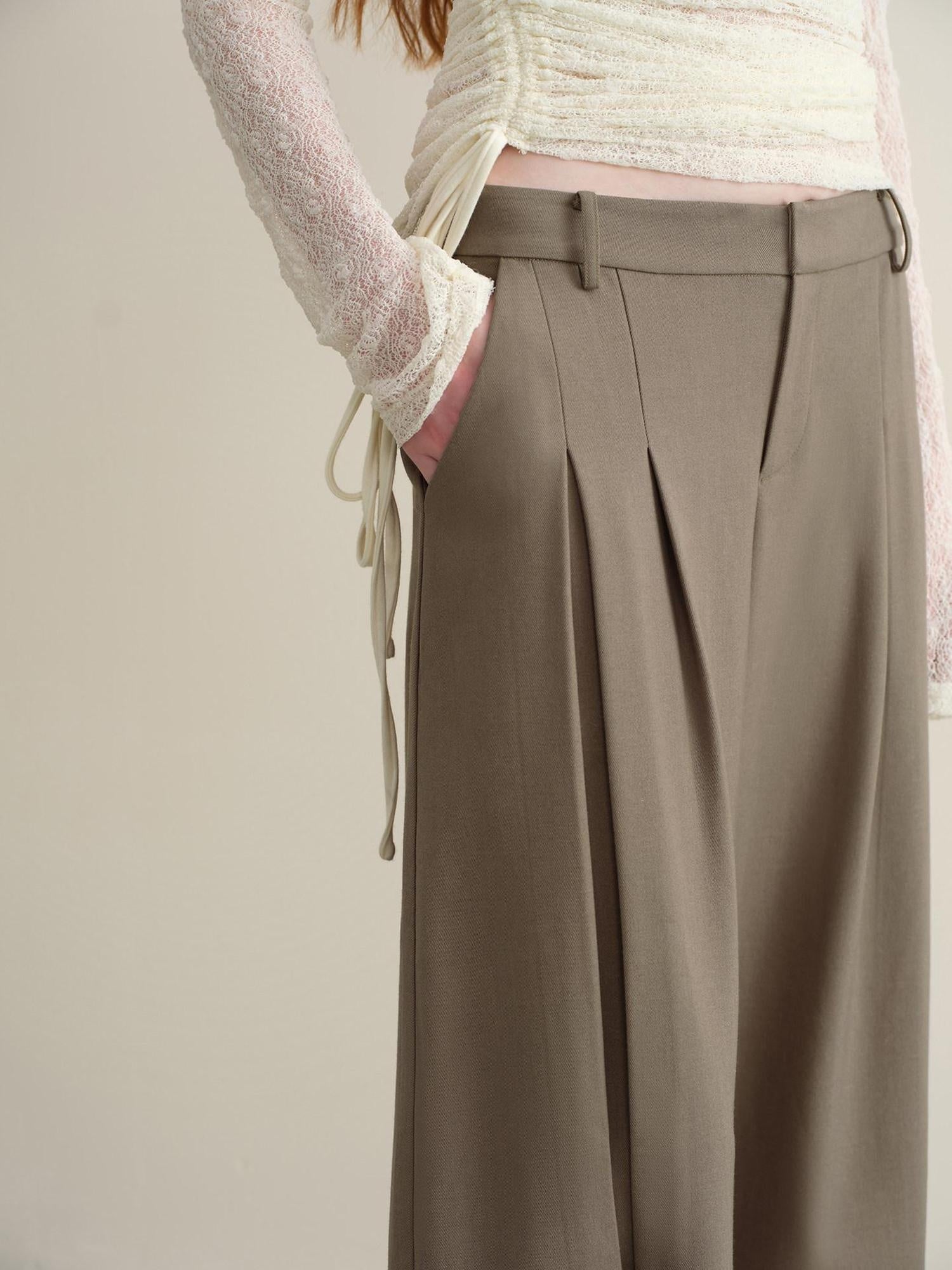 someonesometimes Stretch Pleated Casual Natural Waist Women Olive Green Zip Fly Wide Leg Pants