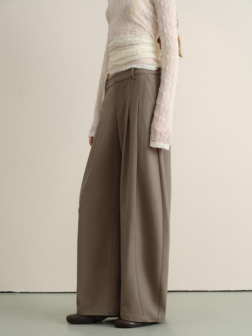 someonesometimes Stretch Pleated Casual Natural Waist Women Olive Green Zip Fly Wide Leg Pants