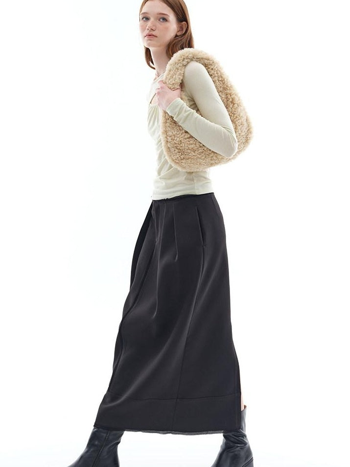 someonesometimes Stretch Pleated Low Waist H Line Loose Casual Womens Black Maxi Skirts