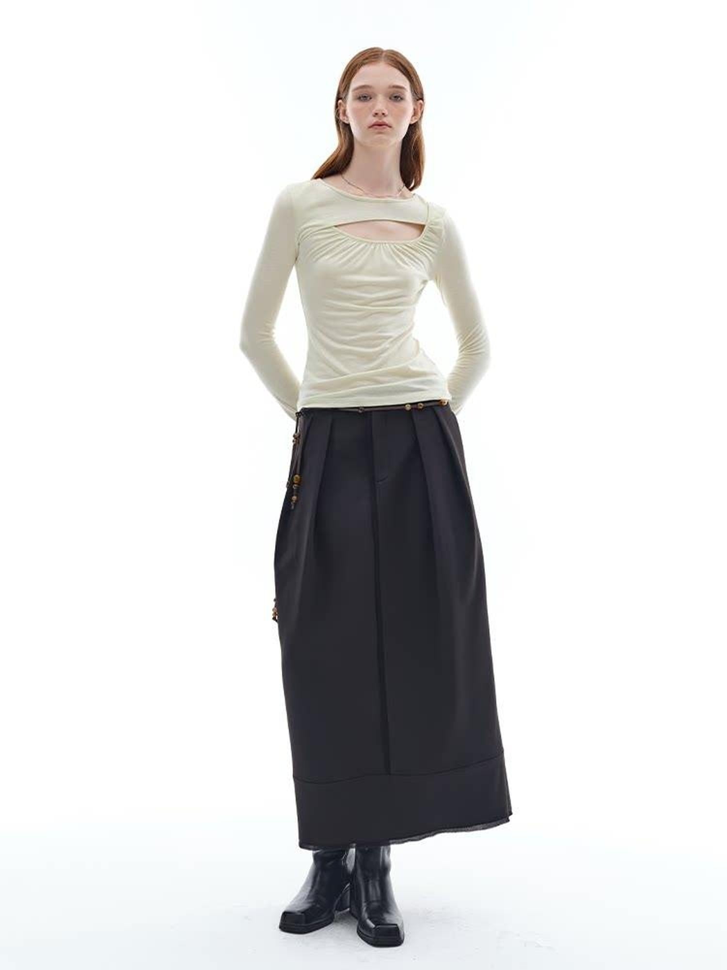 someonesometimes Stretch Pleated Low Waist H Line Loose Casual Womens Black Maxi Skirts
