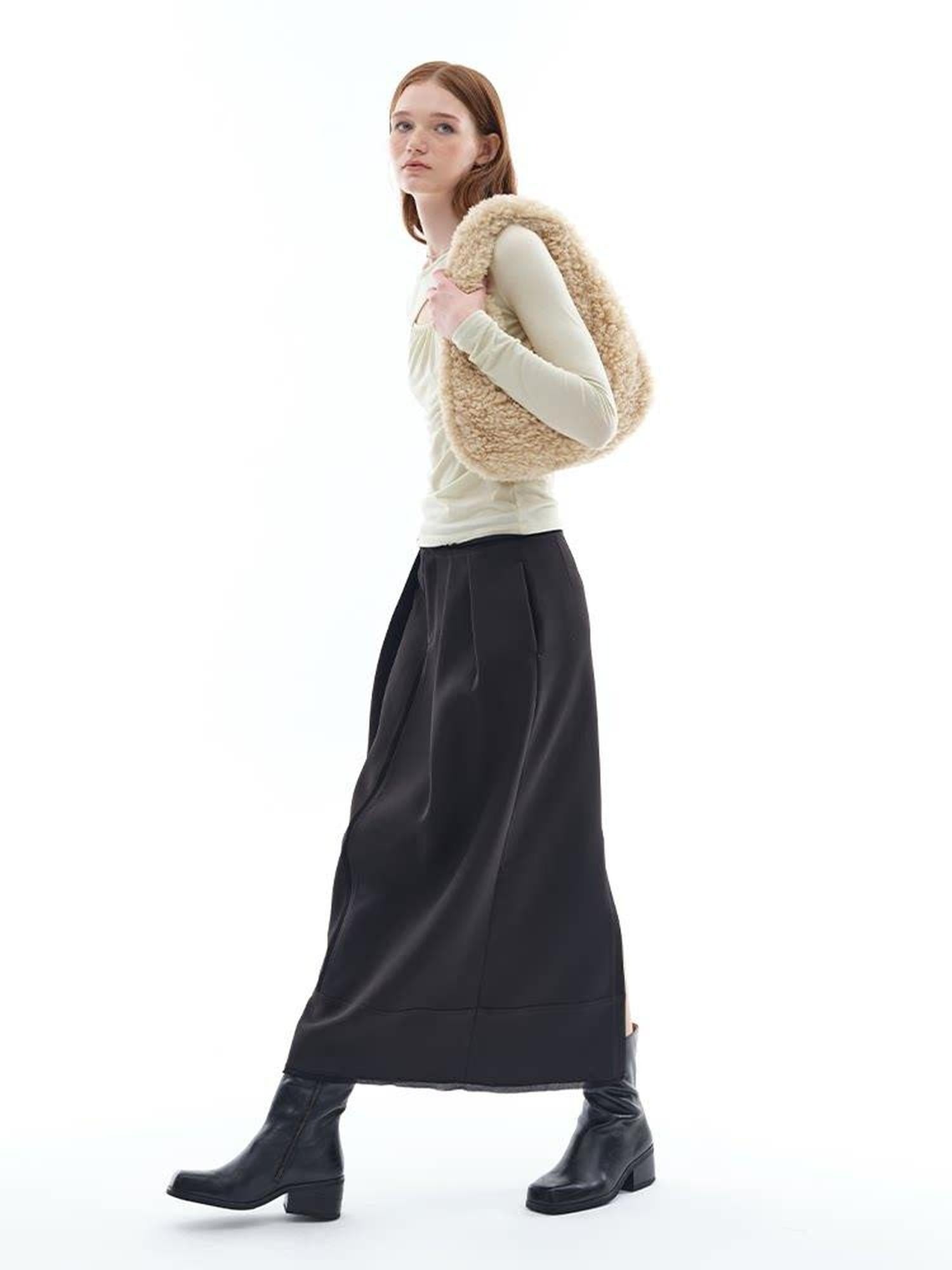 someonesometimes Stretch Pleated Low Waist H Line Loose Casual Womens Black Maxi Skirts