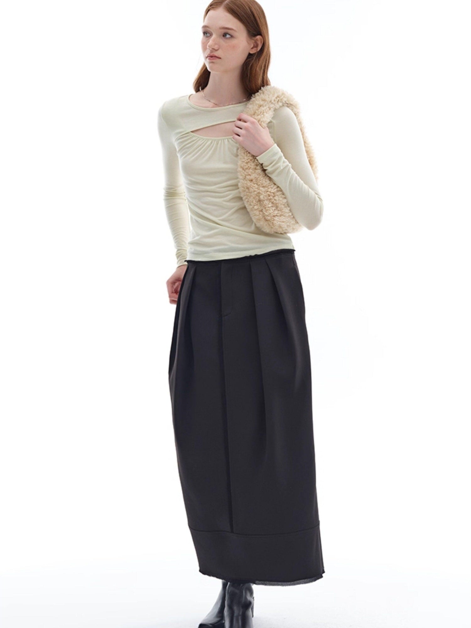 someonesometimes Stretch Pleated Low Waist H Line Loose Casual Womens Black Maxi Skirts