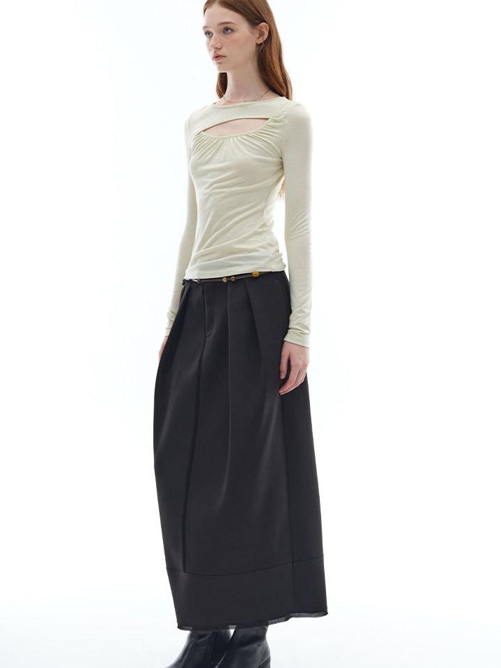 someonesometimes Stretch Pleated Low Waist H Line Loose Casual Womens Black Maxi Skirts