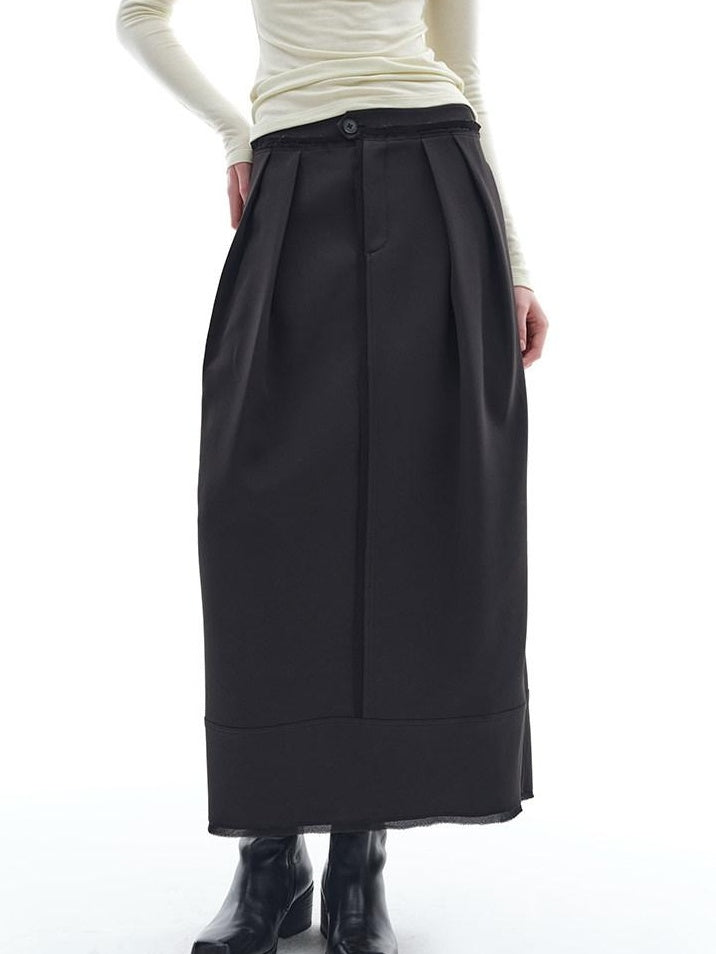 someonesometimes Stretch Pleated Low Waist H Line Loose Casual Womens Black Maxi Skirts