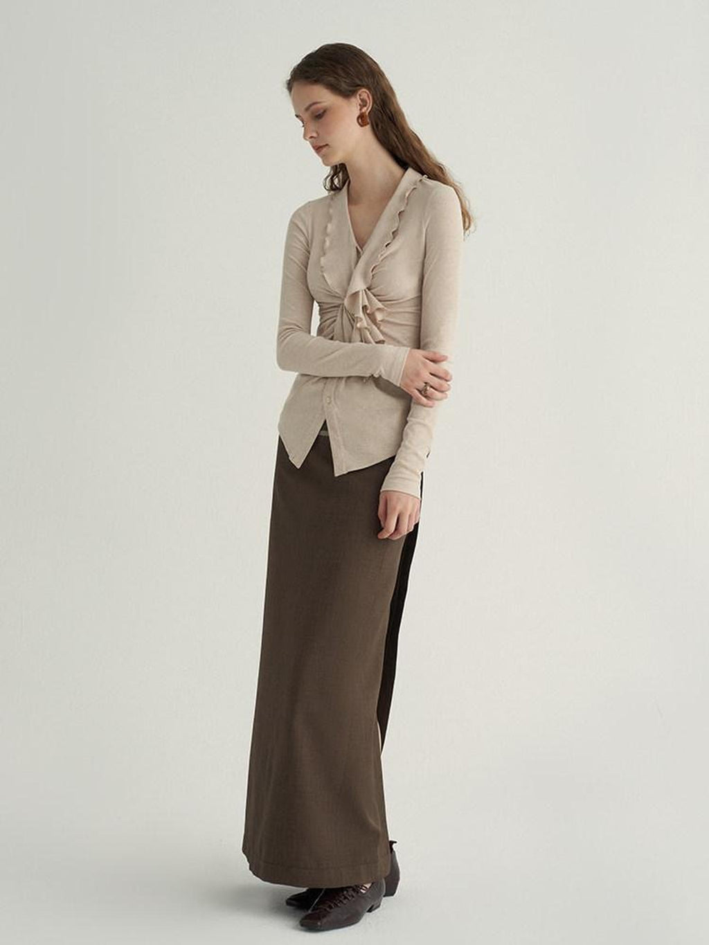 someonesometimes Stretch Polyester Minimal Low Waist H Line Zipper Women Brown Maxi Skirts