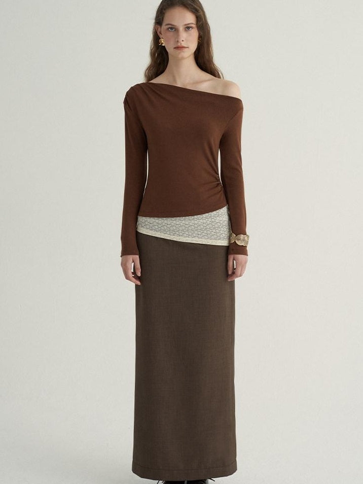 someonesometimes Stretch Polyester Minimal Low Waist H Line Zipper Women Brown Maxi Skirts