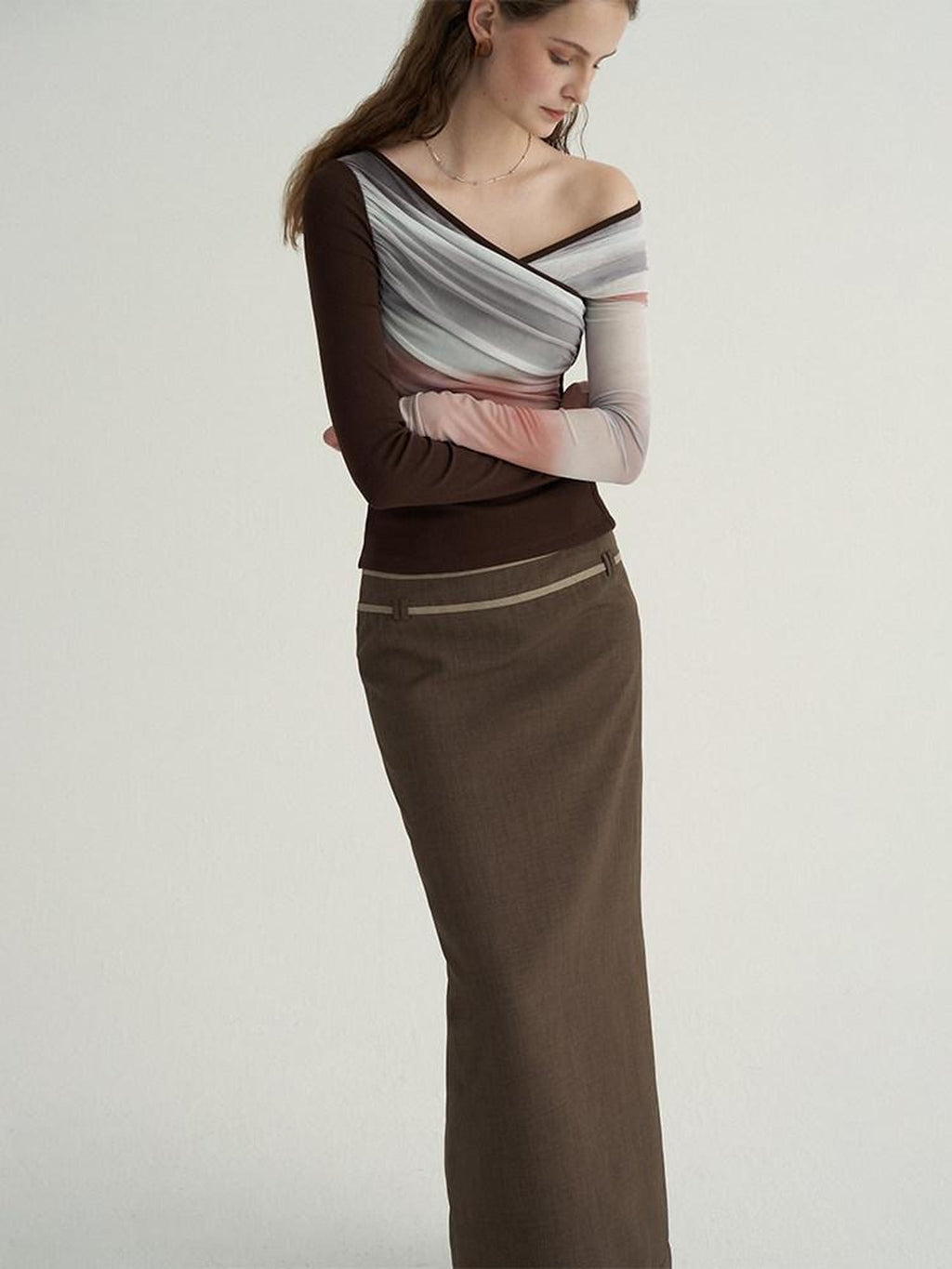 someonesometimes Stretch Polyester Minimal Low Waist H Line Zipper Women Brown Maxi Skirts