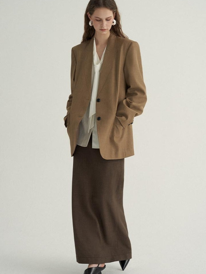 someonesometimes Stretch Polyester Minimal Low Waist H Line Zipper Women Brown Maxi Skirts